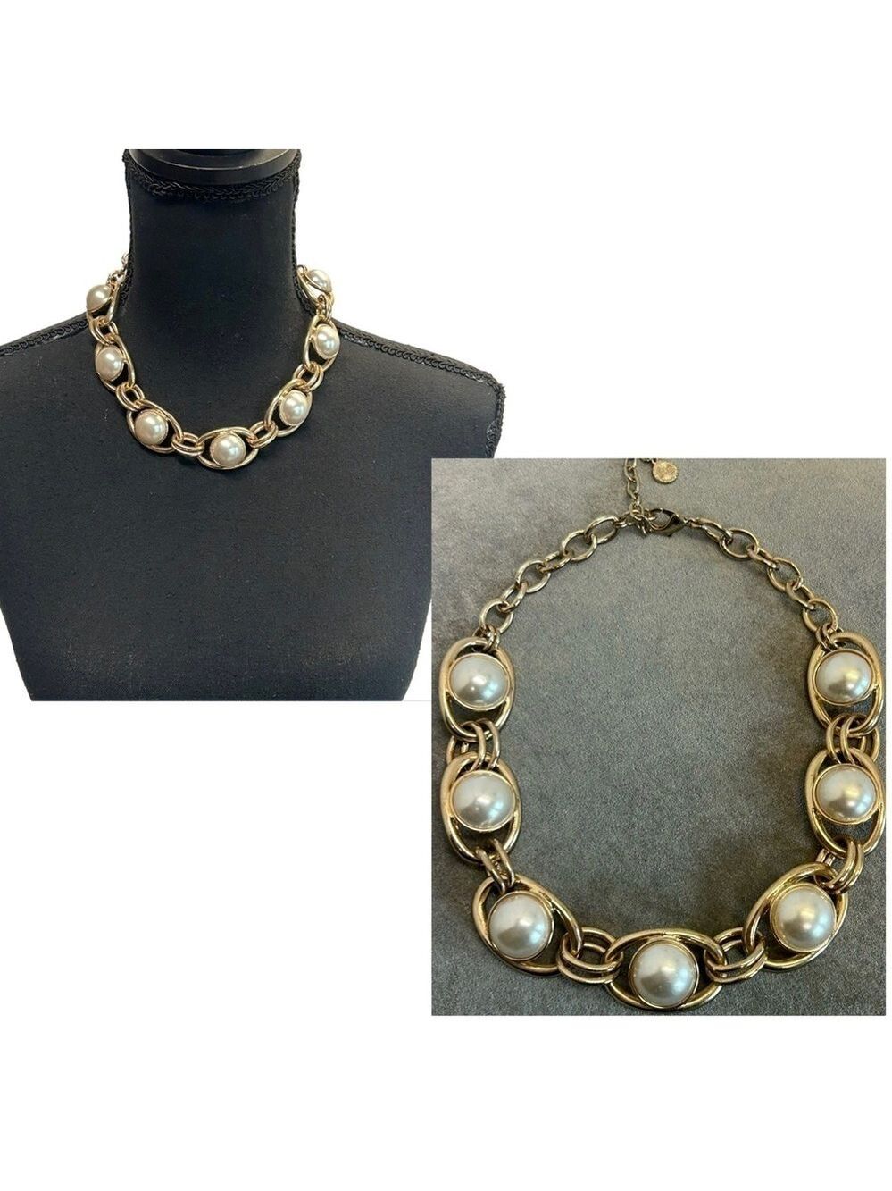 RJ Graziano faux Pearl gold tone chain link Choker Necklace  Signed Adjustable